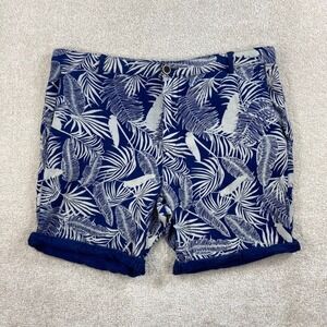 Lyon Tropical Palm Print Shorts Mens 36 (Fits 38)‎ Blue Linen Blend Flat Front